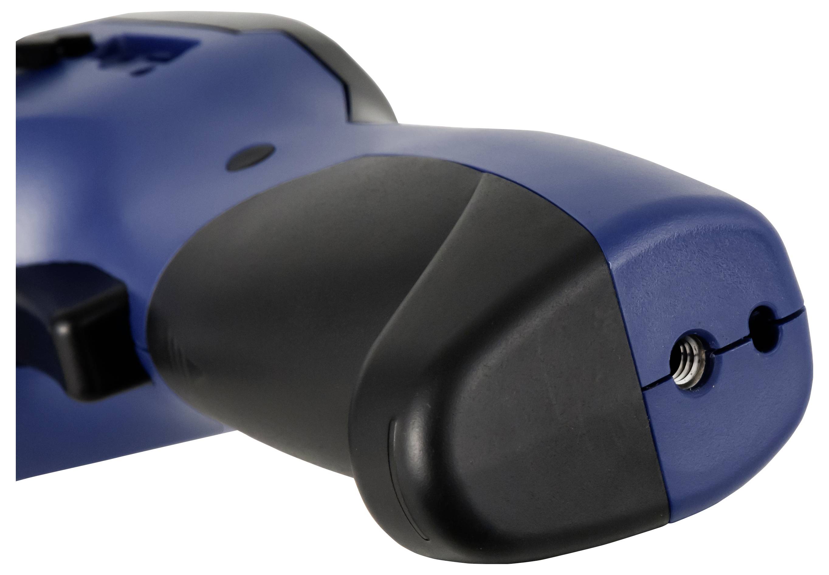 Gros plan de l'extrémité d'un appareil portable bleu et noir avec une extrémité noire arrondie et une vis visible sur le côté.