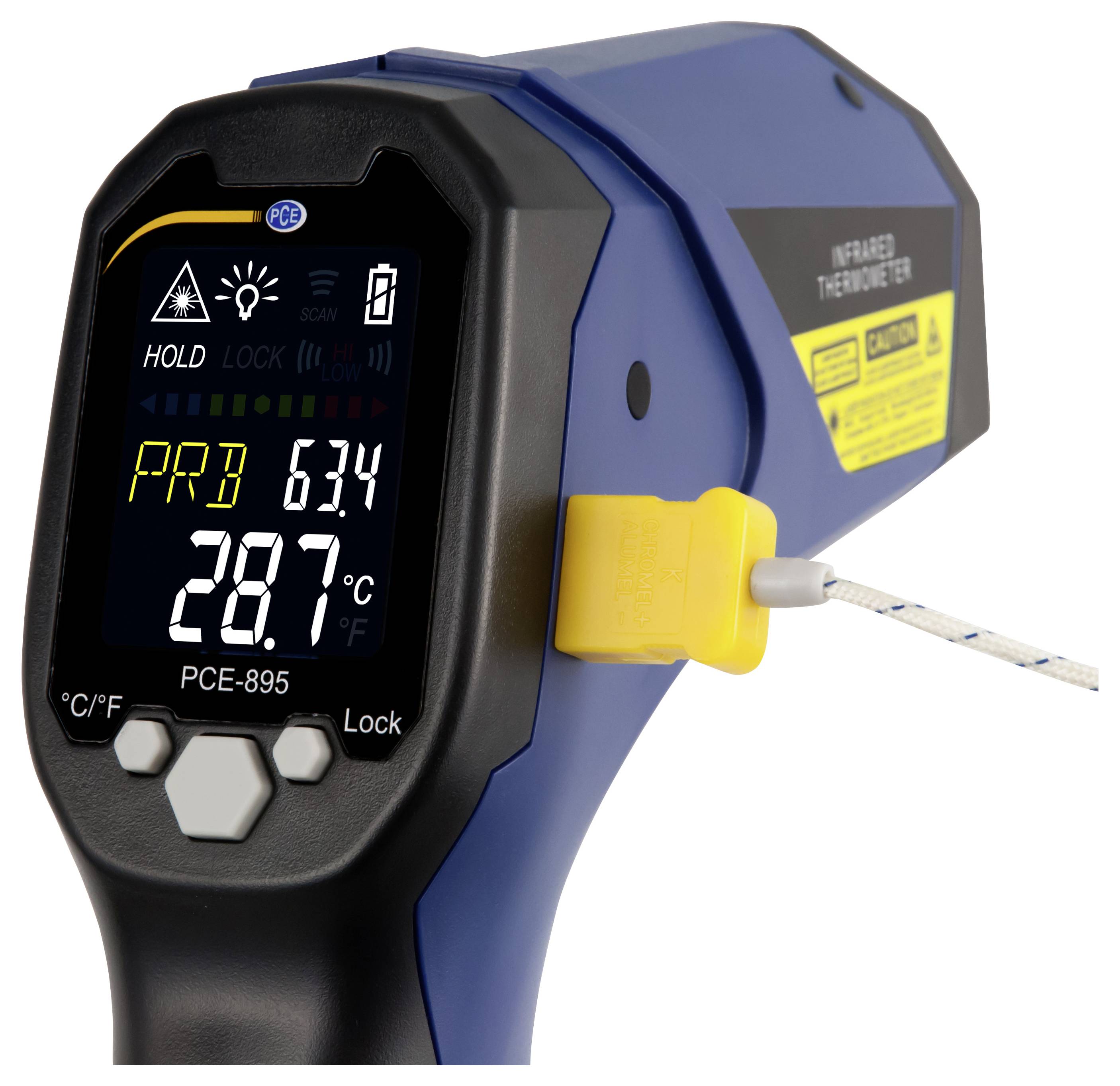 Thermomètre infrarouge portatif affichant 28,7°C avec PR3 63,4 sur l'écran et une sonde branchée sur le côté