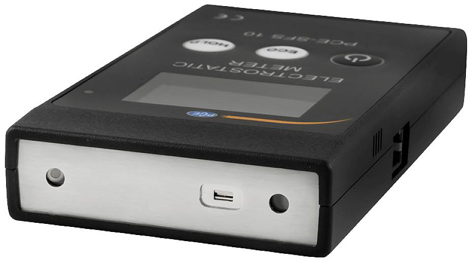 Un dispositif électronique portable rectangulaire doté de trois touches et d'un petit écran, probablement utilisé pour mesurer des valeurs électriques.