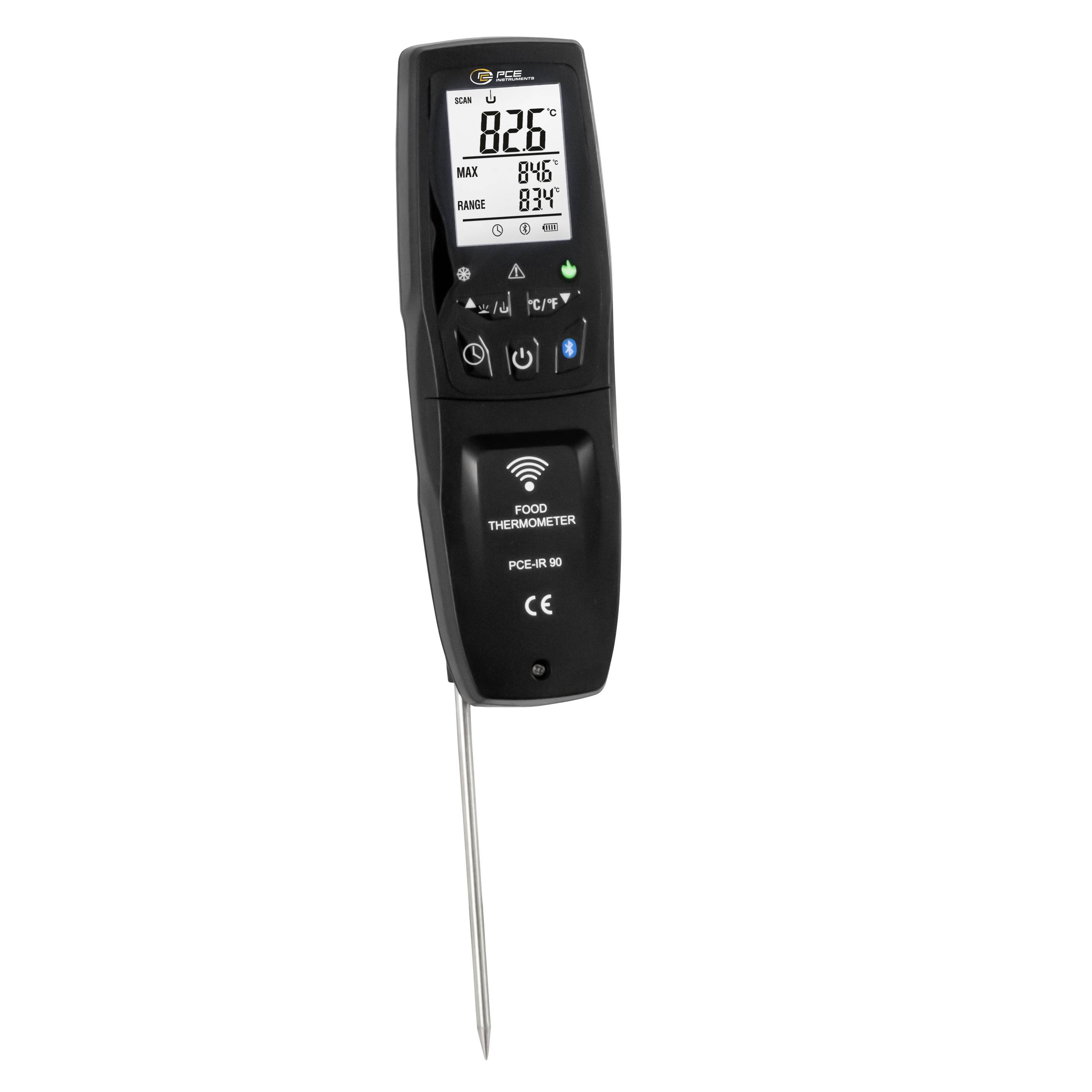Thermomètre numérique portatif pour aliments avec sonde, affichant une lecture de température de 82,6 °C sur son écran.