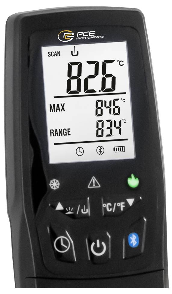 Thermomètre infrarouge portatif affichant 82,6°C sur l'écran de balayage, avec un maximum de 84,6°C et une plage de 83,4°C.
