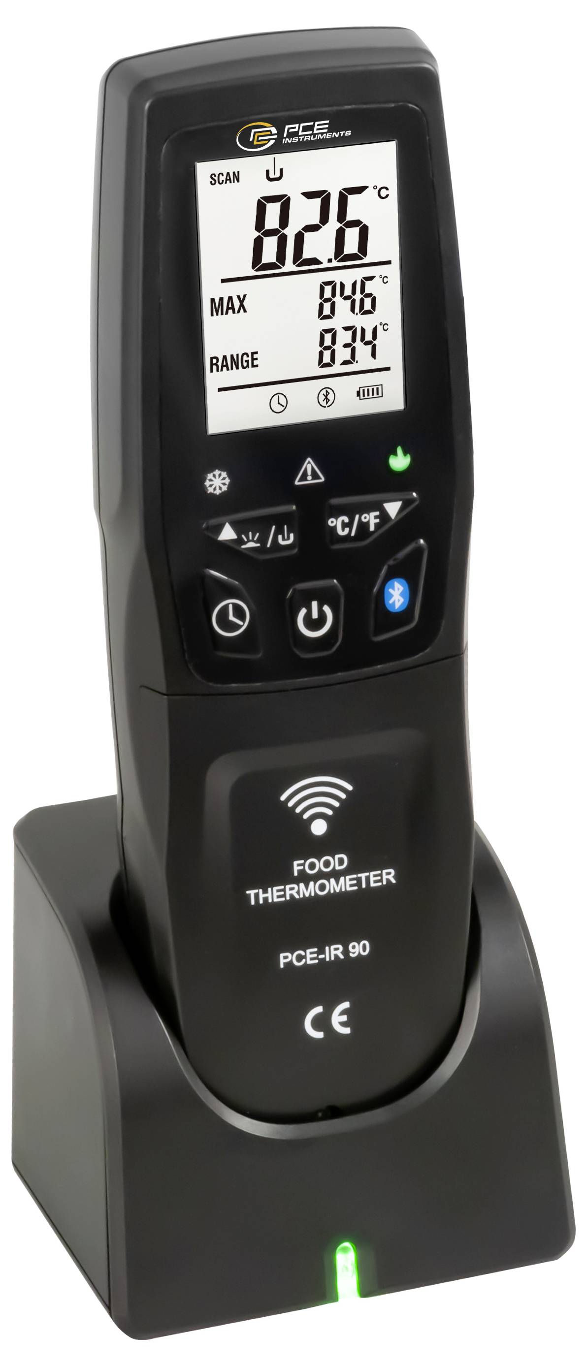 Thermomètre alimentaire PCE portatif noir dans un socle de charge, affichant 82,6°C sur l'écran avec max 84,6 et plage 83,4.