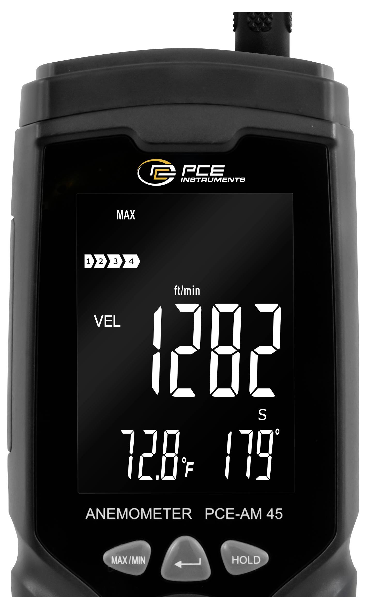 Affichage du anémomètre numérique montrant une vitesse du vent de 1282 pi/min, une température de 72,8 °F et une direction de 119° sur un appareil PCE Instruments PCE-AM 45.