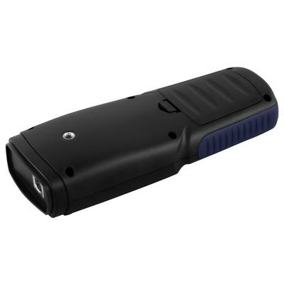 Appareil électronique portable noir avec une poignée bleue et un sommet incurvé, présenté en perspective sur un fond blanc.
