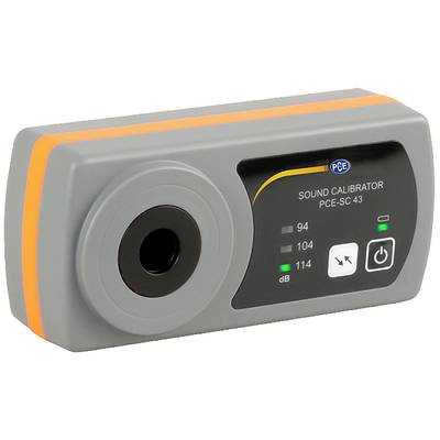 Calibrateur acoustique 'PCE-SC 43' avec affichage LCD, utilisé pour calibrer les sonomètres à 94 dB, 104 dB et 114 dB.