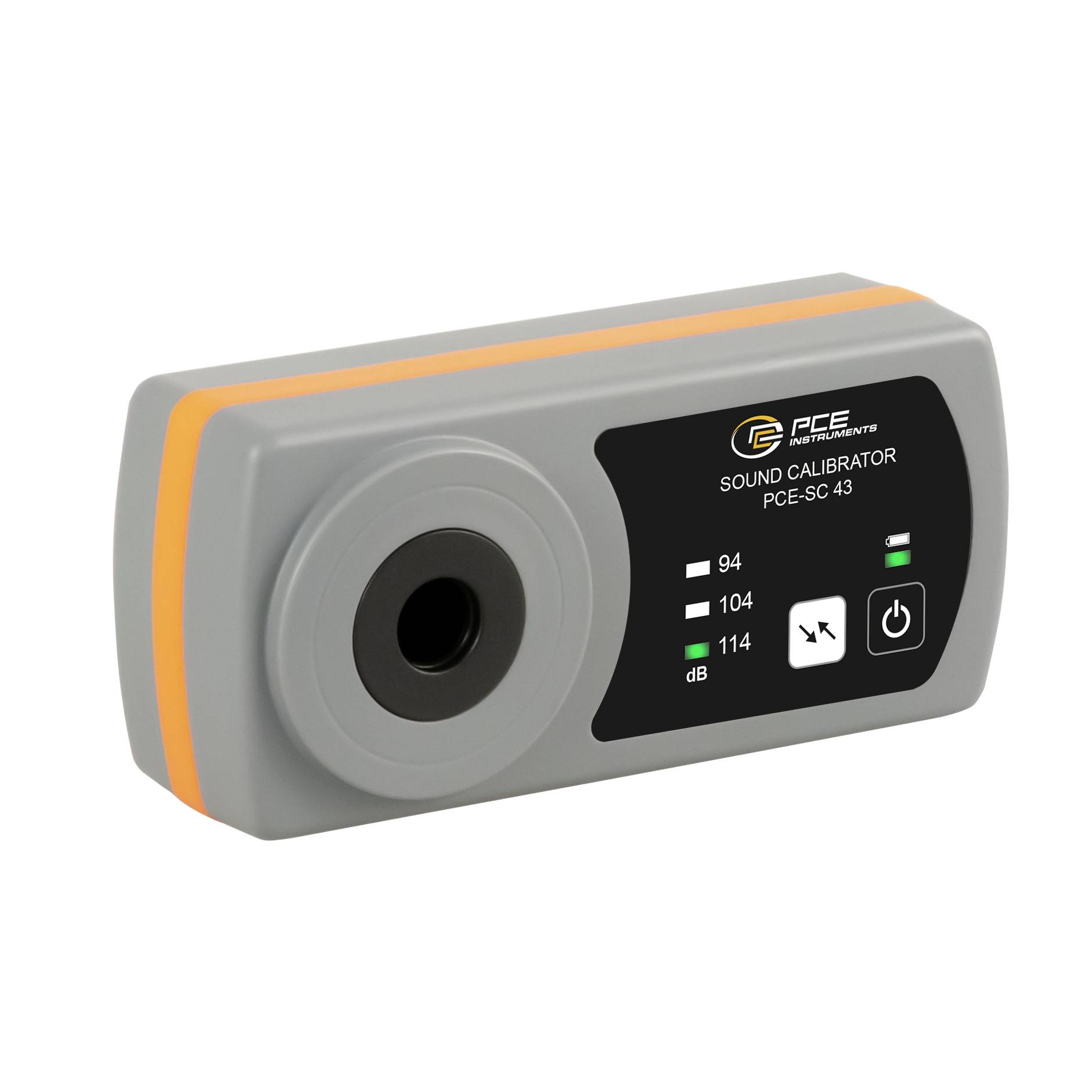 Appareil de calibrage sonore portable portant l'étiquette « PCE SC-43 » avec une ouverture de microphone frontale, des indicateurs en dB et des commandes d'alimentation.
