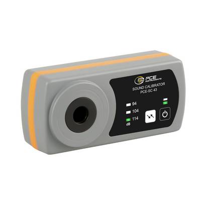 Appareil de calibrage sonore portable portant l'étiquette « PCE SC-43 » avec une ouverture de microphone frontale, des indicateurs en dB et des commandes d'alimentation.