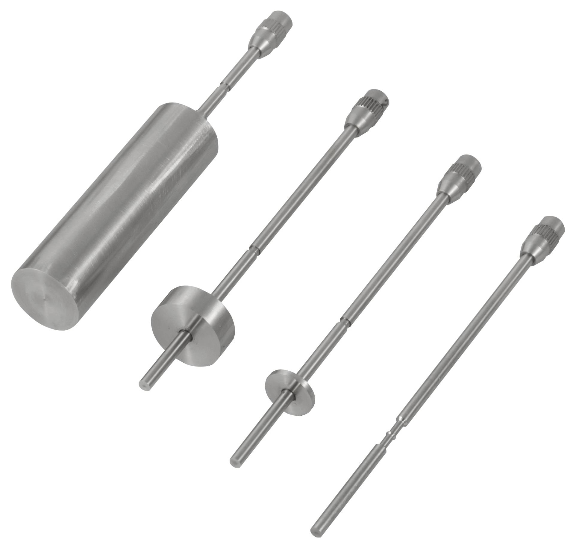 Quatre sondes ou baguettes métalliques en acier inoxydable avec de longs fûts et des extrémités cylindriques, présentées sur un fond blanc.