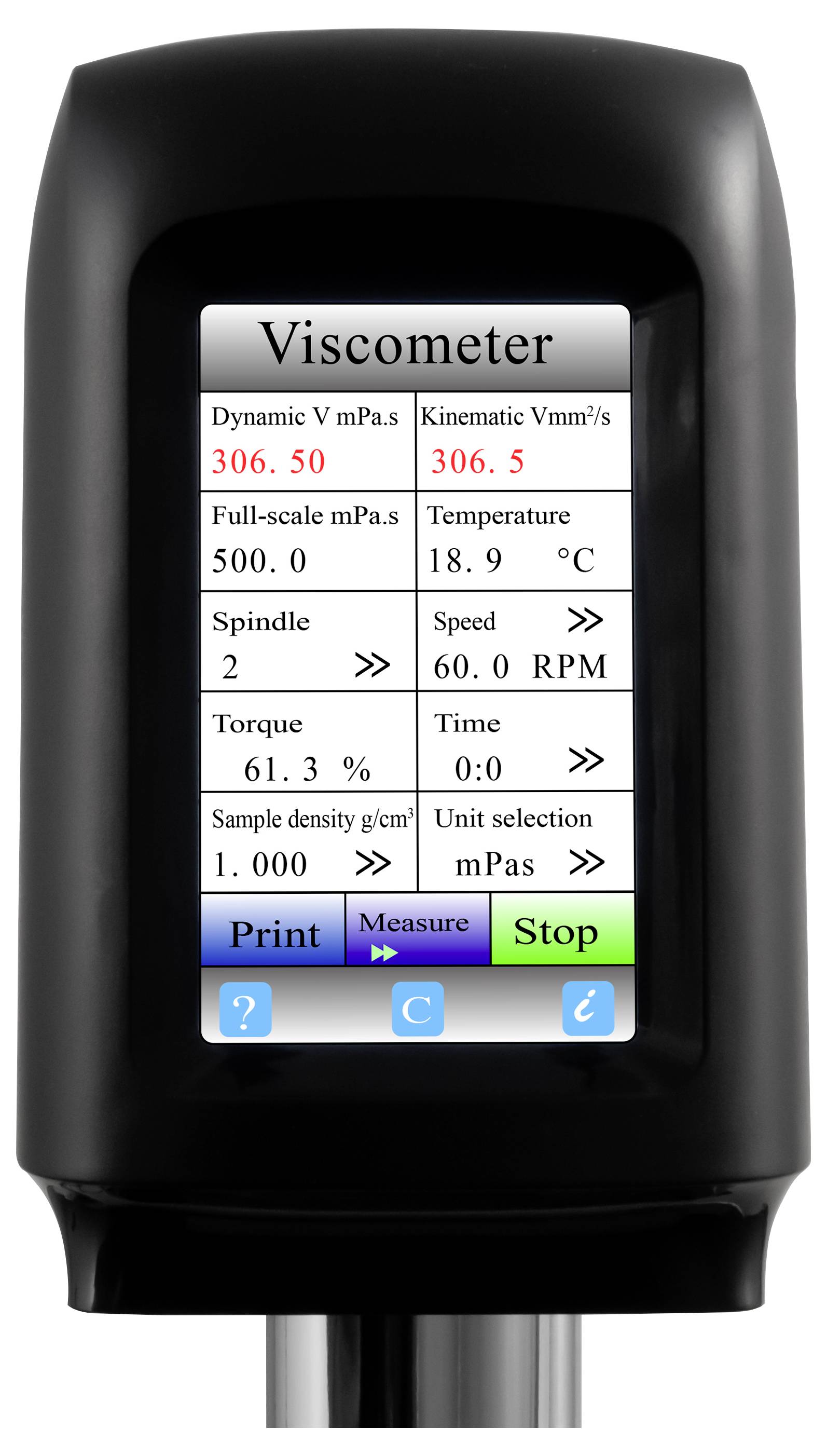 Affichage du viscosimètre numérique montrant les résultats de viscosité : Dynamique 306,50 mPa·s, Cinématique 306,5 mm²/s, température 18,9 °C, vitesse 60,0 tr/min.