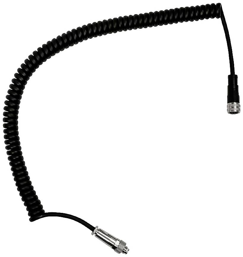 Câble coaxial noir, spiralé, avec deux connecteurs différents. Utilisé pour les connexions électroniques.