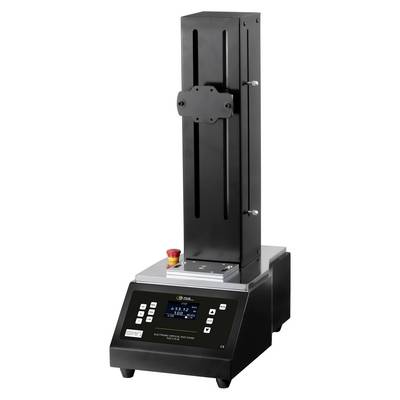 Machine de test de paillasse industrielle avec colonne verticale haute, plate-forme d'échantillon, panneau de commande et bouton d'arrêt d'urgence