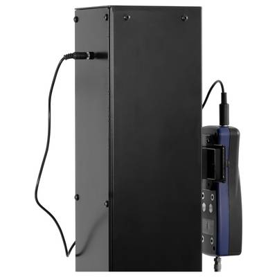 Appareil électronique noir avec un câble attaché, montrant un module rectangulaire haut et une unité de commande plus petite montée sur le côté sur un fond blanc.