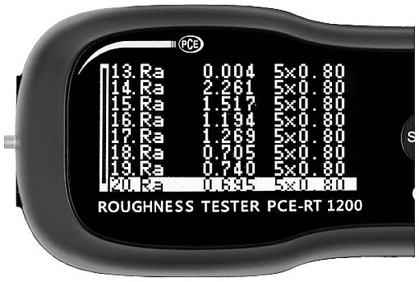 Un testeur de rugosité affiche des valeurs de mesure sur un écran numérique, comprenant des valeurs telles que « Ra 2,261 » et « Ra 1,517 ».