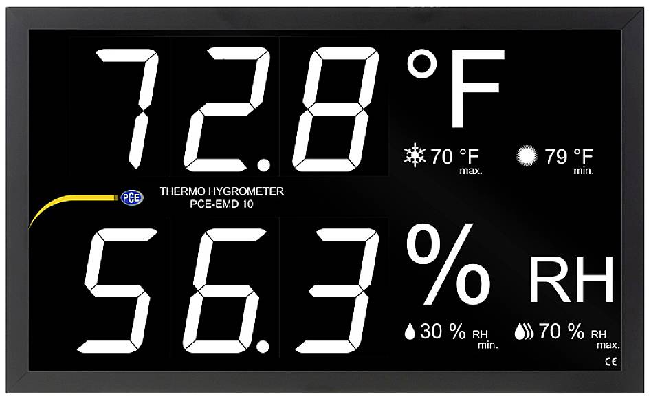 Hygromètre-thermomètre numérique affichant '72,8 °F' et '56,3 % HR', avec les valeurs maximales et minimales de température et d'humidité.