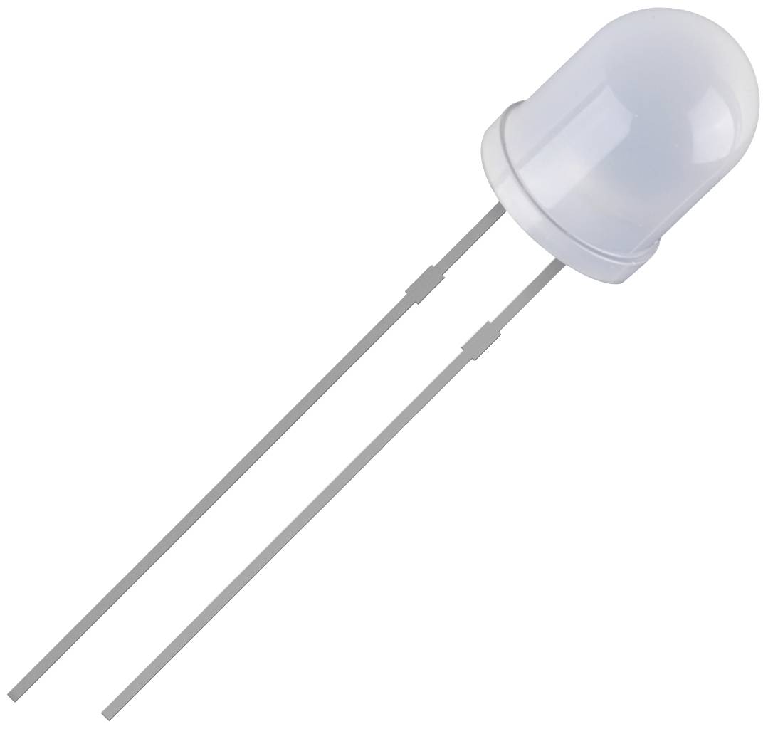 Une diode électroluminescente (LED) blanche avec deux bornes métalliques, isolée sur un fond blanc, adaptée aux circuits électroniques.