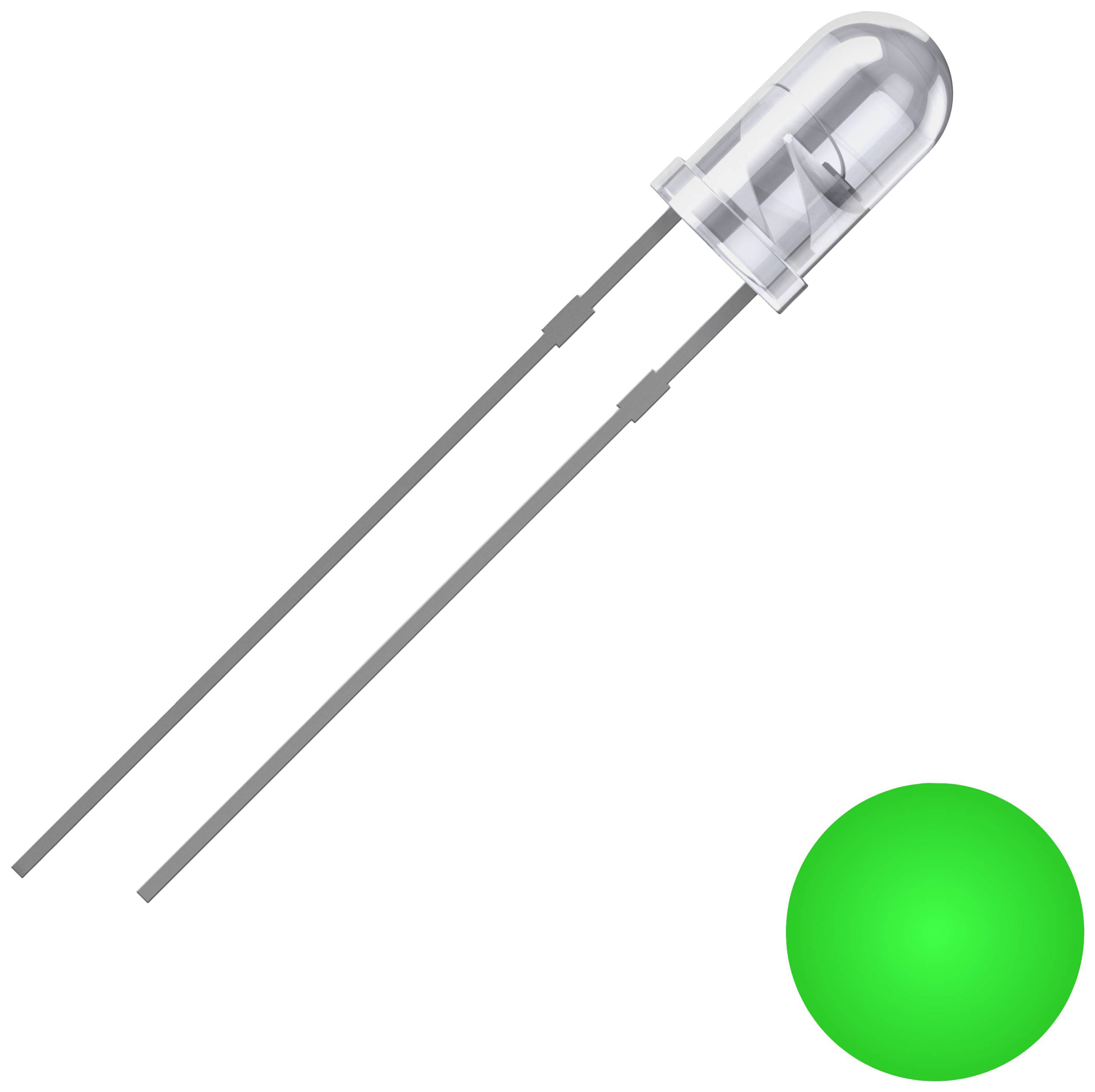 Une LED verte lumineuse avec deux bornes visibles.