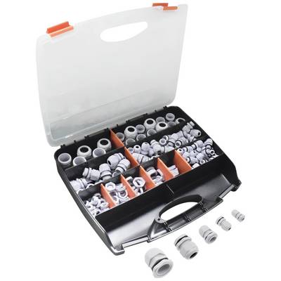 Coffret de rangement avec différents presse-étoupes blancs dans des compartiments séparés. Quelques presse-étoupes sont disposés à l'extérieur.