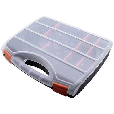 Boîte de rangement avec poignée grise et couvercle transparent, présentant plusieurs compartiments pour le stockage de petits objets ou d'outils.