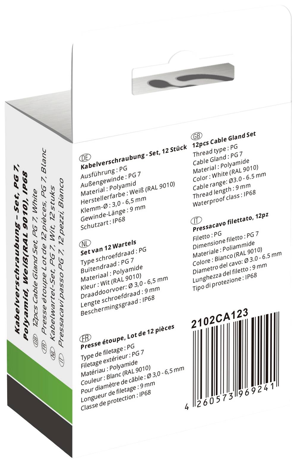 'Emballage d'un ensemble de presse-étoupes. Contient 12 pièces. Matériau : Polyamide, Couleur : Gris (RAL 7035), Classe de protection : IP68.'