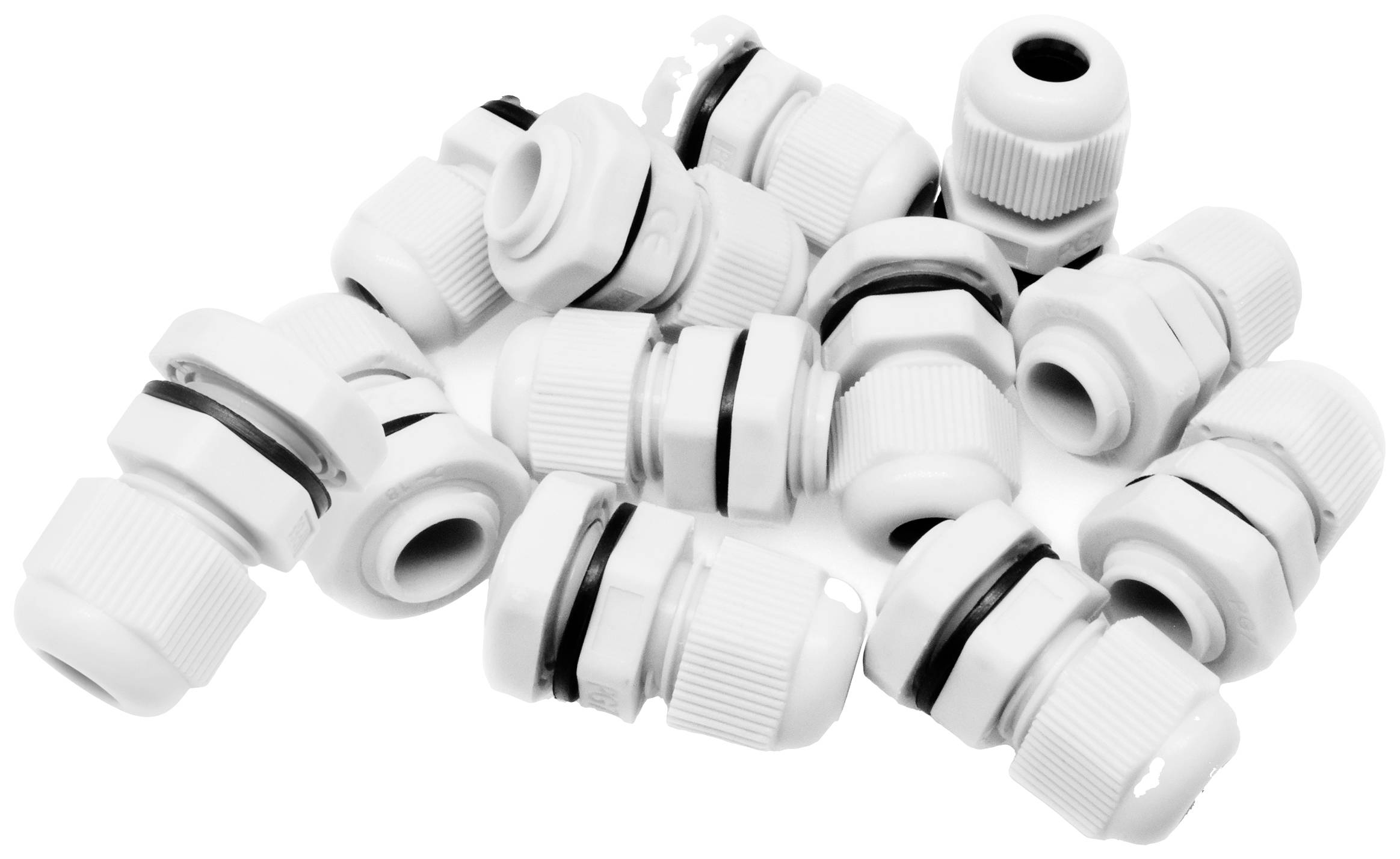 Plusieurs presse-étoupes blancs sont disposés de manière éparse. Ils ont une forme cylindrique et sont pourvus de joints d'étanchéité noirs.