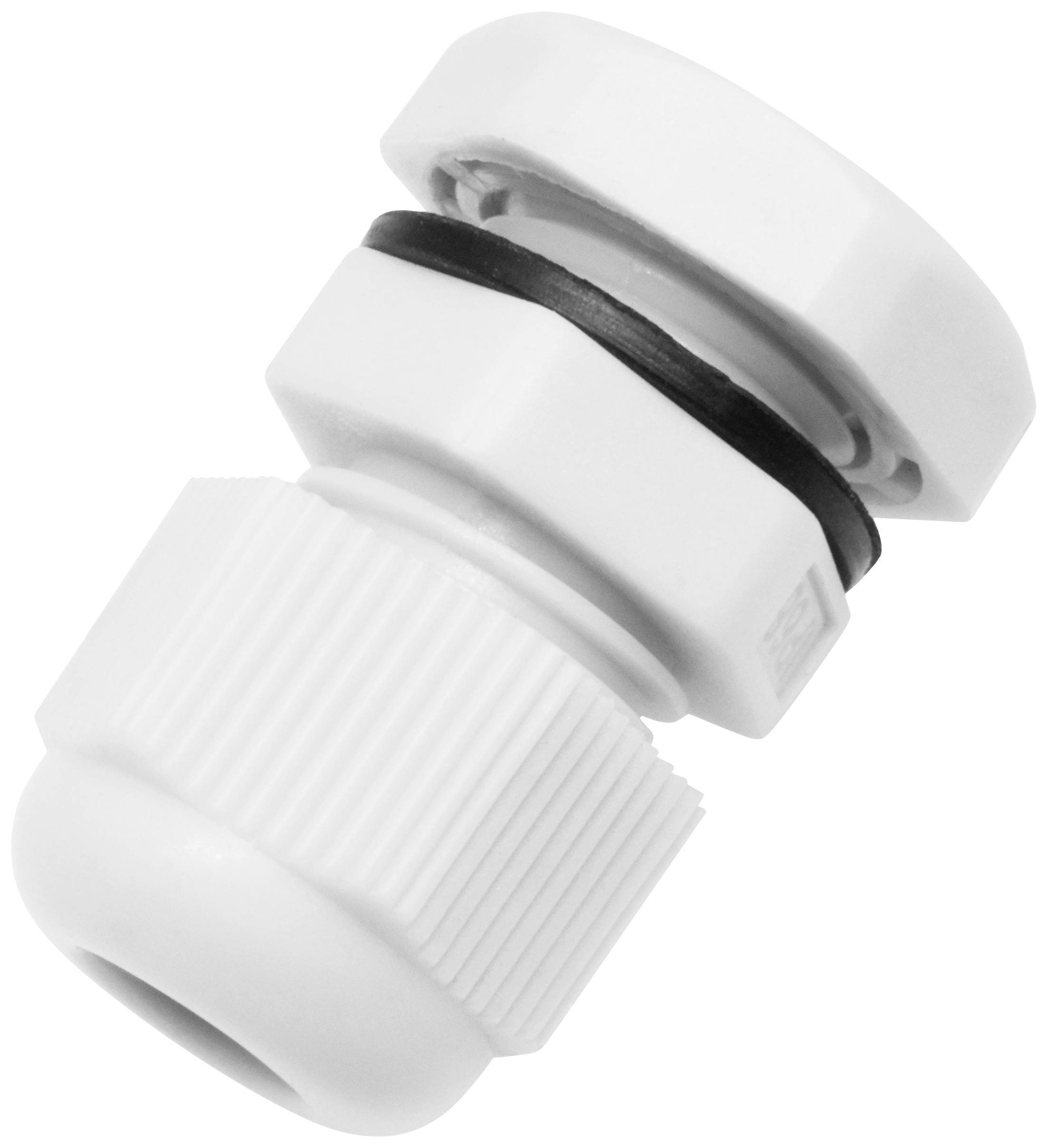 Un presse-étoupe blanc avec boîtier nervuré et joint d'étanchéité noir, permet l'insertion et l'étanchéification des câbles dans les boîtiers.