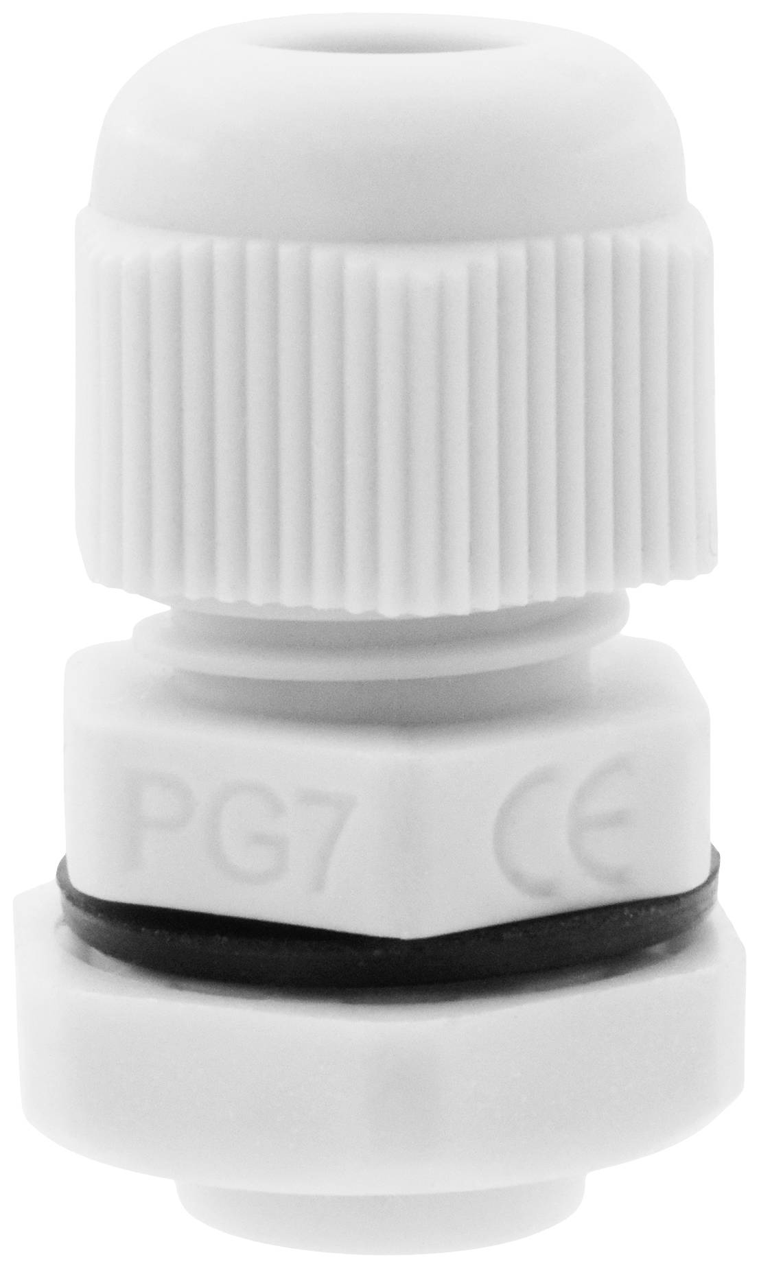 Presse-étoupe en plastique blanc, taille PG7, avec tête striée et joint. Adapté pour la sécurisation des câbles dans les appareils ou les boîtiers.