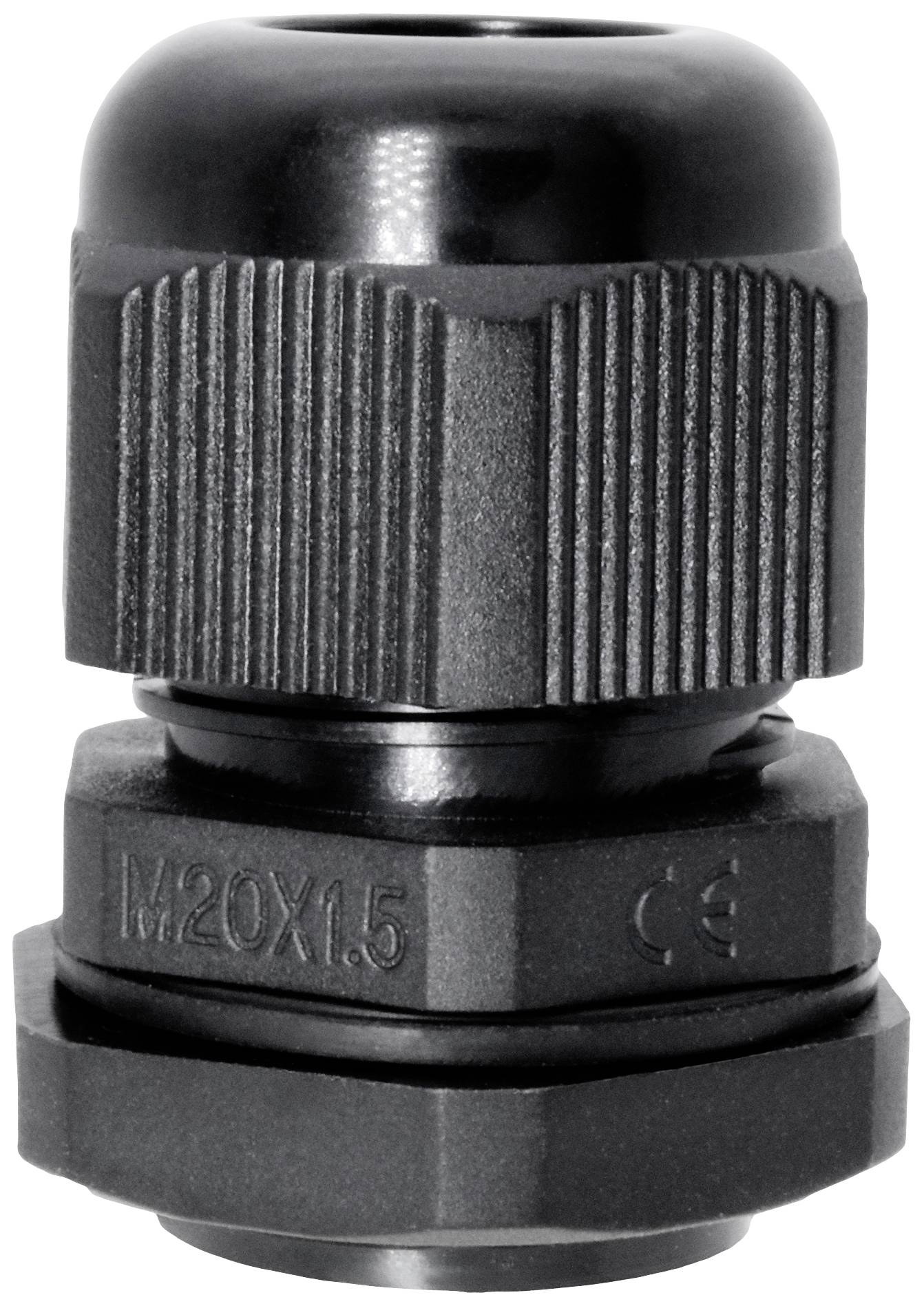 Presse-étoupe noir en plastique, de forme cylindrique, avec un filetage M20x1,5. Adapté pour la gestion de câbles.