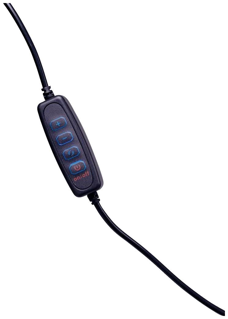 Un interrupteur noir avec quatre boutons bleus pour '+' et '-', un bouton de minuterie et un bouton rouge 'marche/arrêt'.