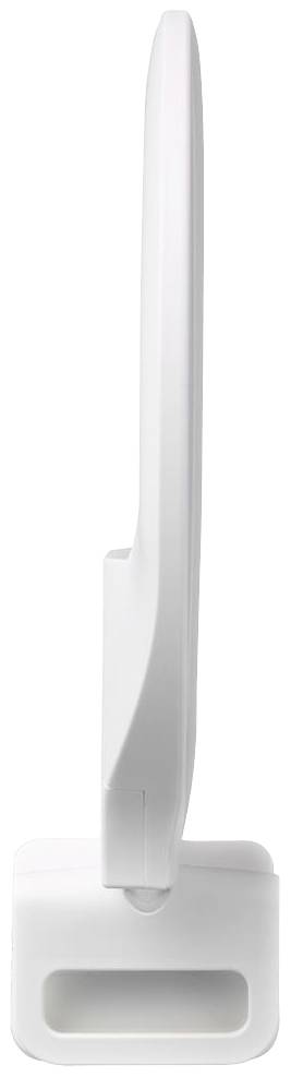 Un ventilateur de radiateur blanc et élancé, photographié de côté, reposant sur un socle rectangulaire.