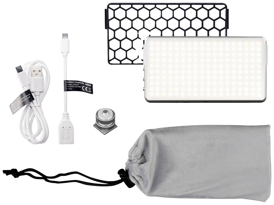 Kit d'éclairage LED portable avec câble USB, adaptateur, nid d'abeilles, vis de montage et sac gris. Idéal pour les prises de vue photographiques et vidéo.