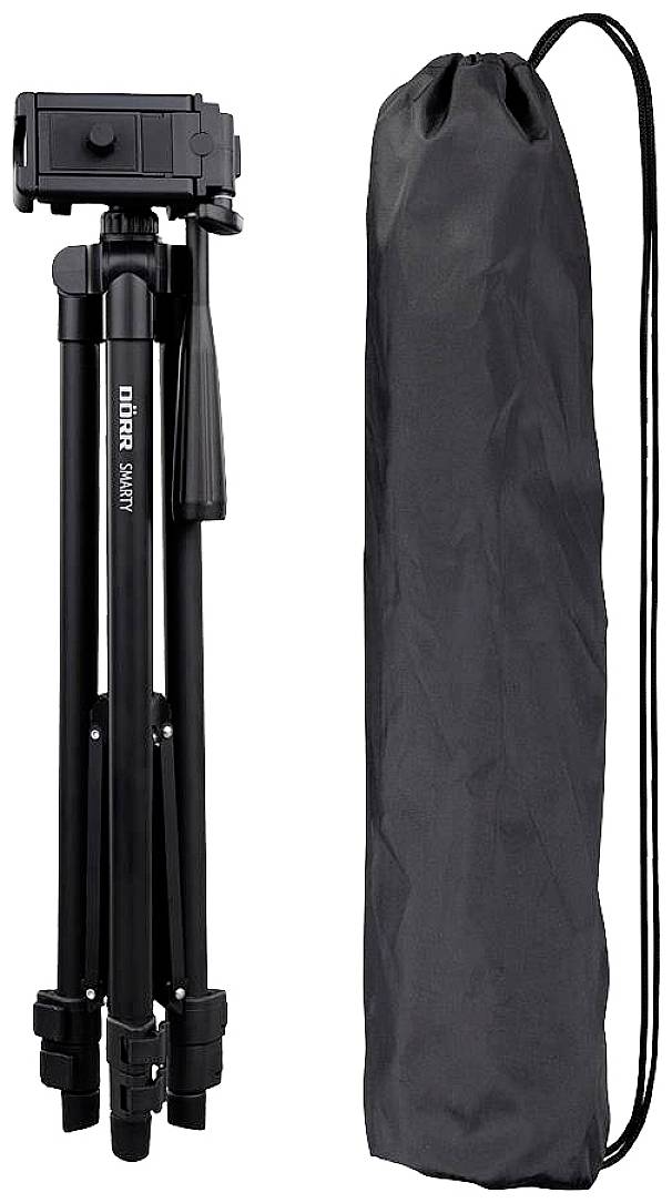 Un trépied de caméra noir avec une jambe extensible, plié à côté d'un sac de transport noir.