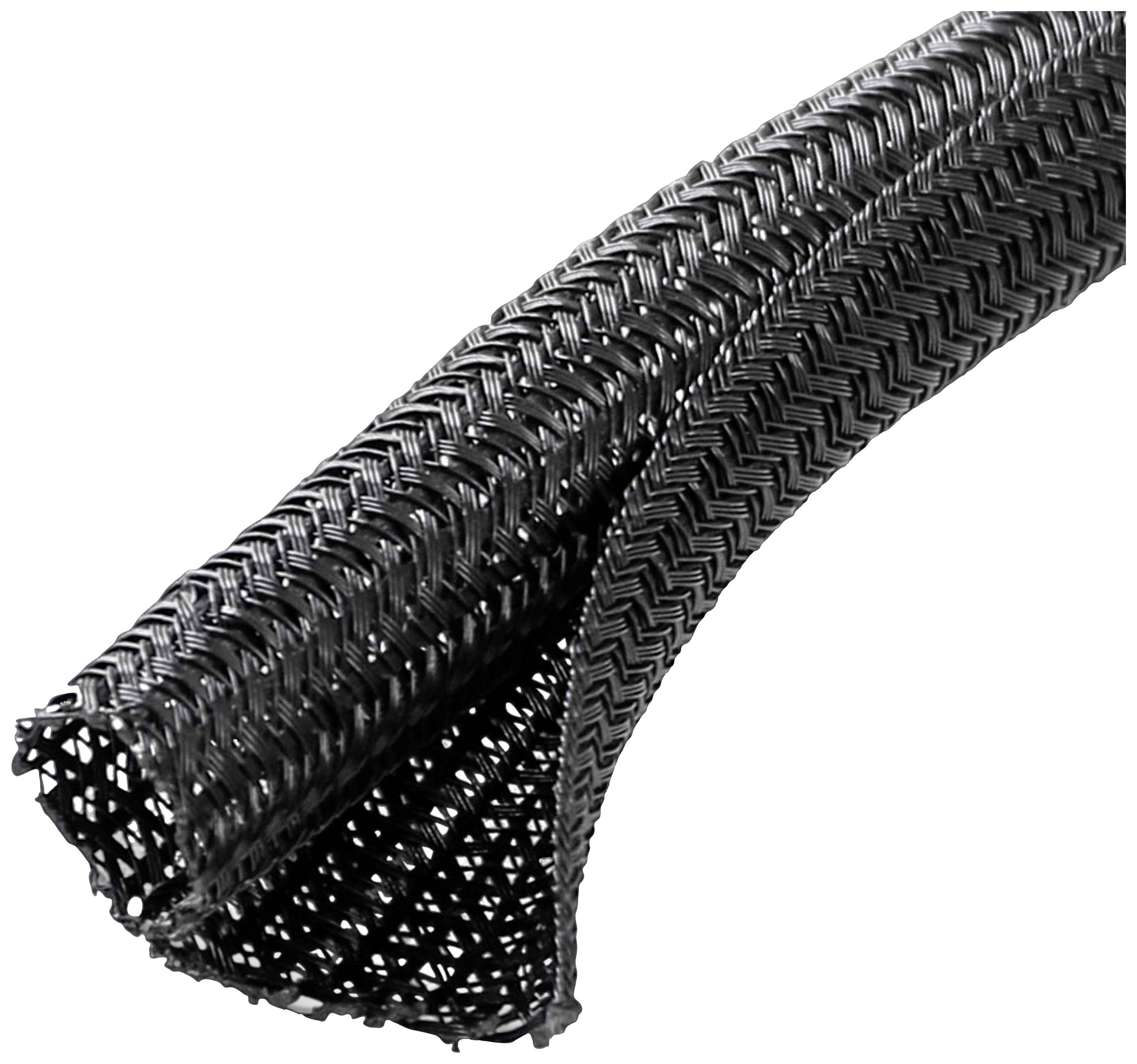 Gaine de protection en tissu tressé noir en gros plan. Flexible et robuste, adaptée à la protection des câbles et des fils.