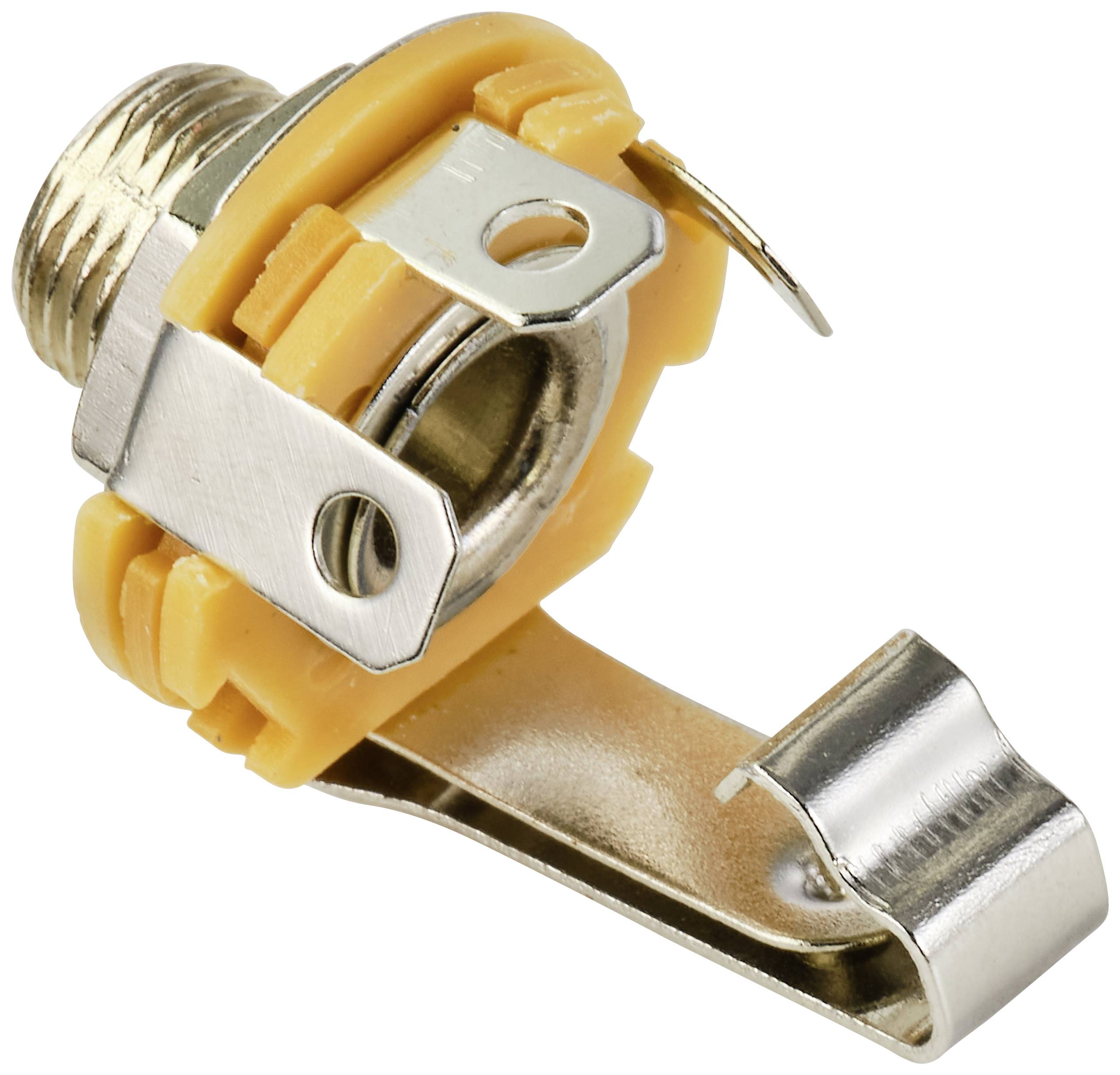 Un connecteur rond jaune en métal et en plastique, probablement destiné à des applications électriques, sur un fond blanc.