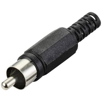 Connecteur RCA noir et argenté avec embout métallique et gaine en caoutchouc striée. Adapté pour les connexions audio-vidéo.