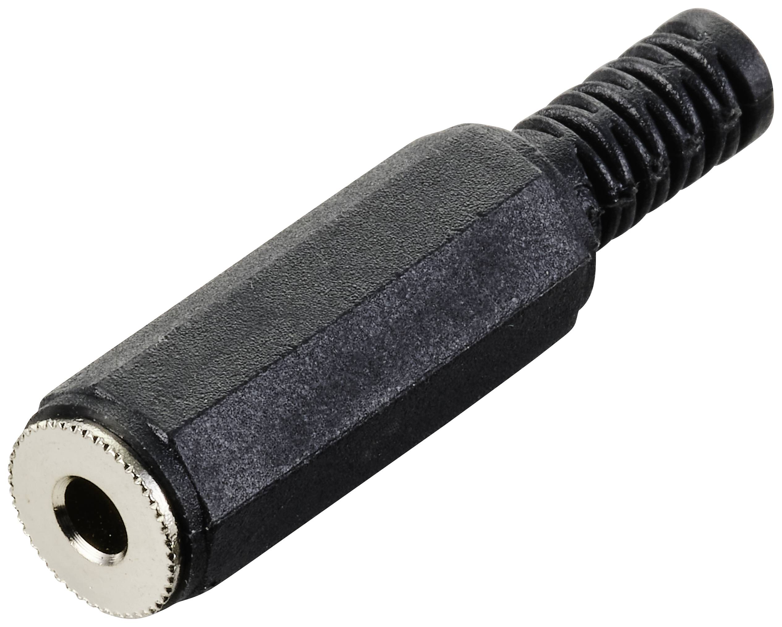 Adaptateur secteur, noir, forme cylindrique, connexion métallique. Adapté aux appareils audio.
