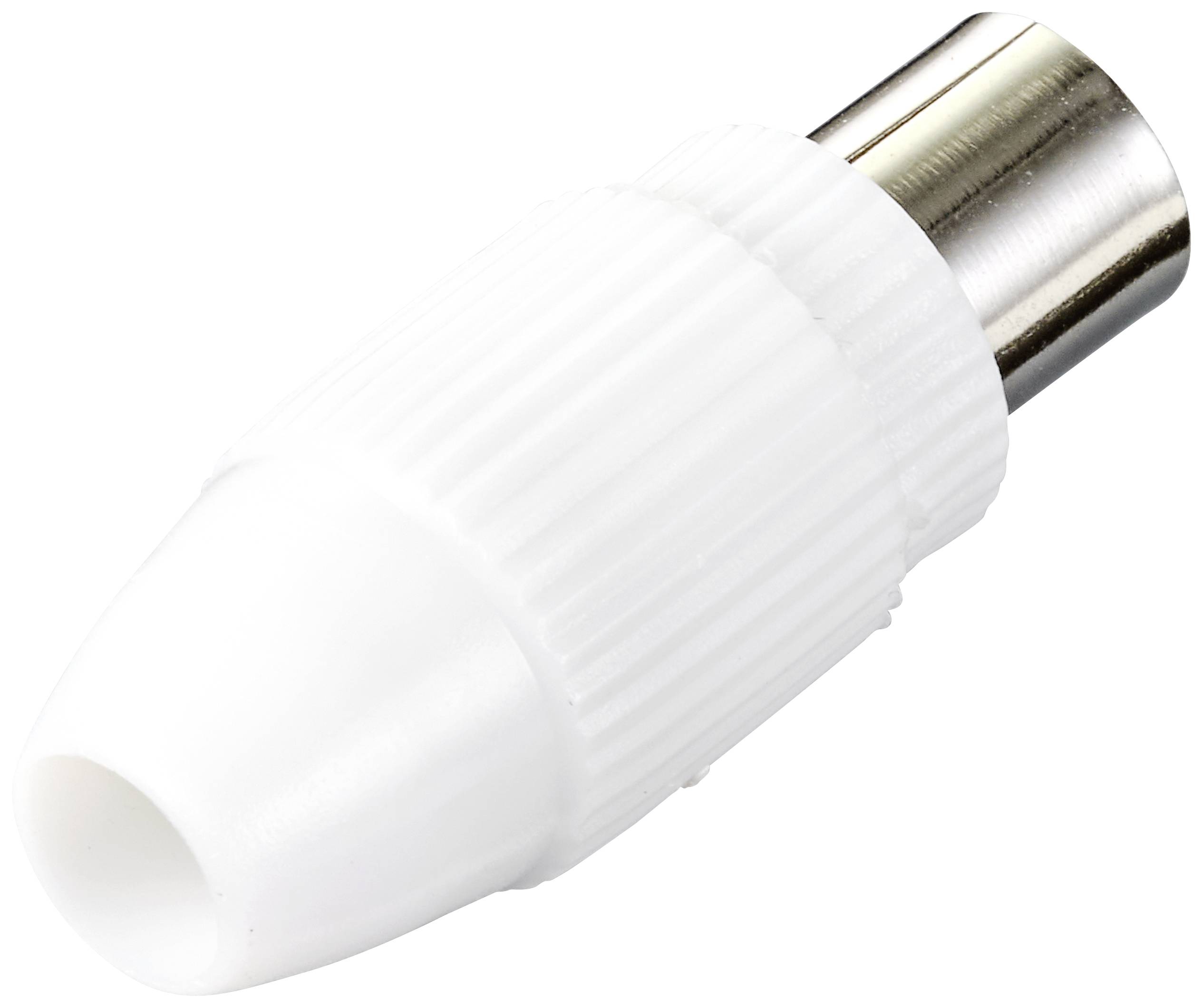Un connecteur coaxial blanc à surface striée et à embout métallique, utilisé pour les connexions TV et radio.