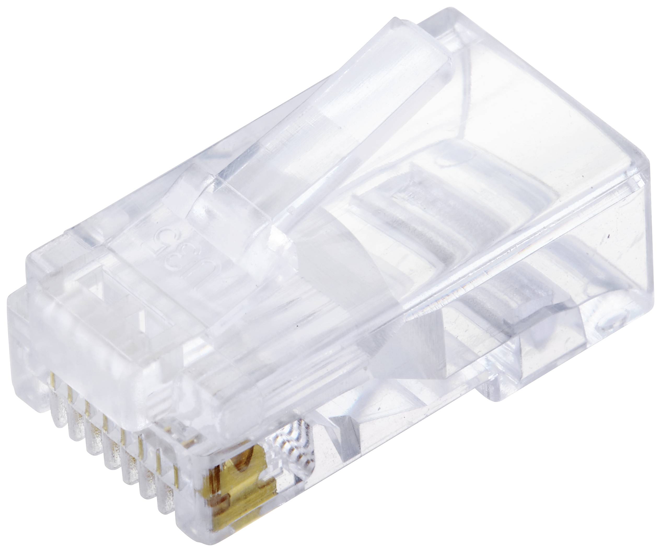 Une fiche RJ45 transparente, communément utilisée pour les câbles Ethernet dans les connexions réseau.