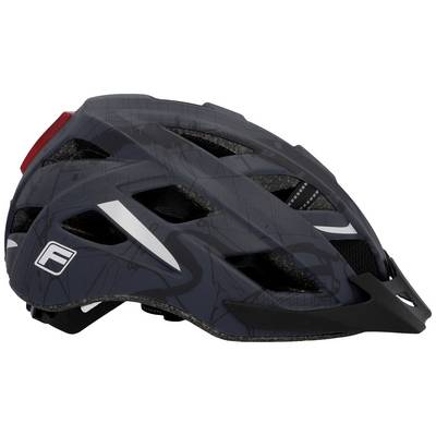 'Casque de vélo noir avec des ouvertures de ventilation, des réflecteurs et un feu arrière rouge. Sur le côté, on aperçoit un logo stylisé en forme de 'F'.'