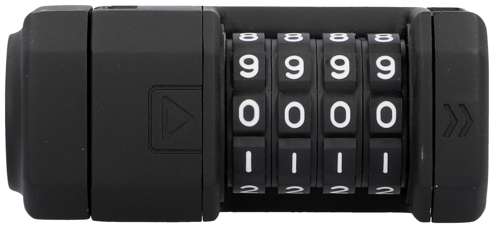 Un cadenas cylindrique noir à combinaison de quatre chiffres affiche '9900'.