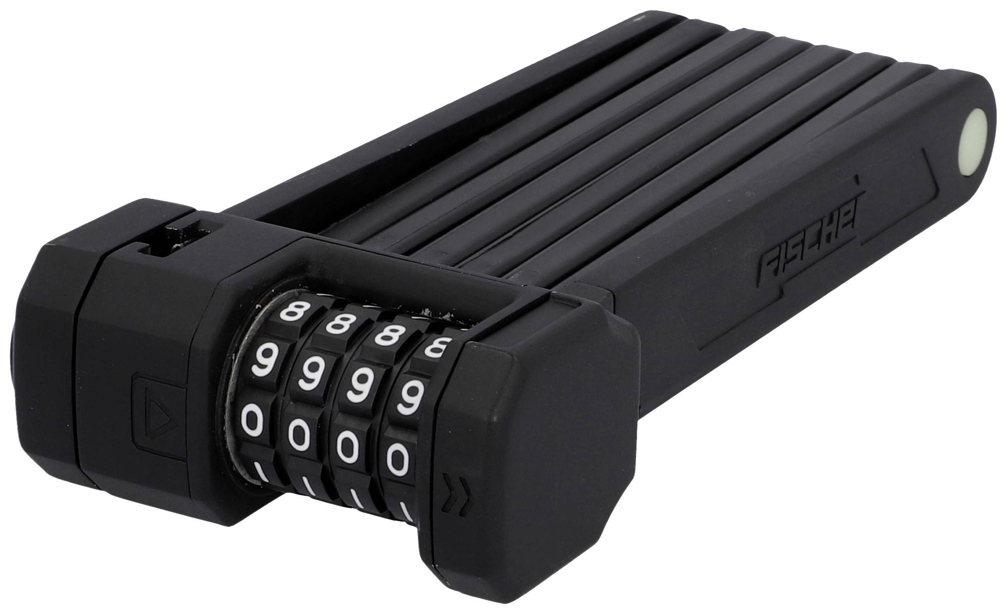 Un cadenas pliable noir avec un système de sécurité à code numérique. Le code affiche '0000'. Le cadenas est composé de plusieurs maillons métalliques et est compact.