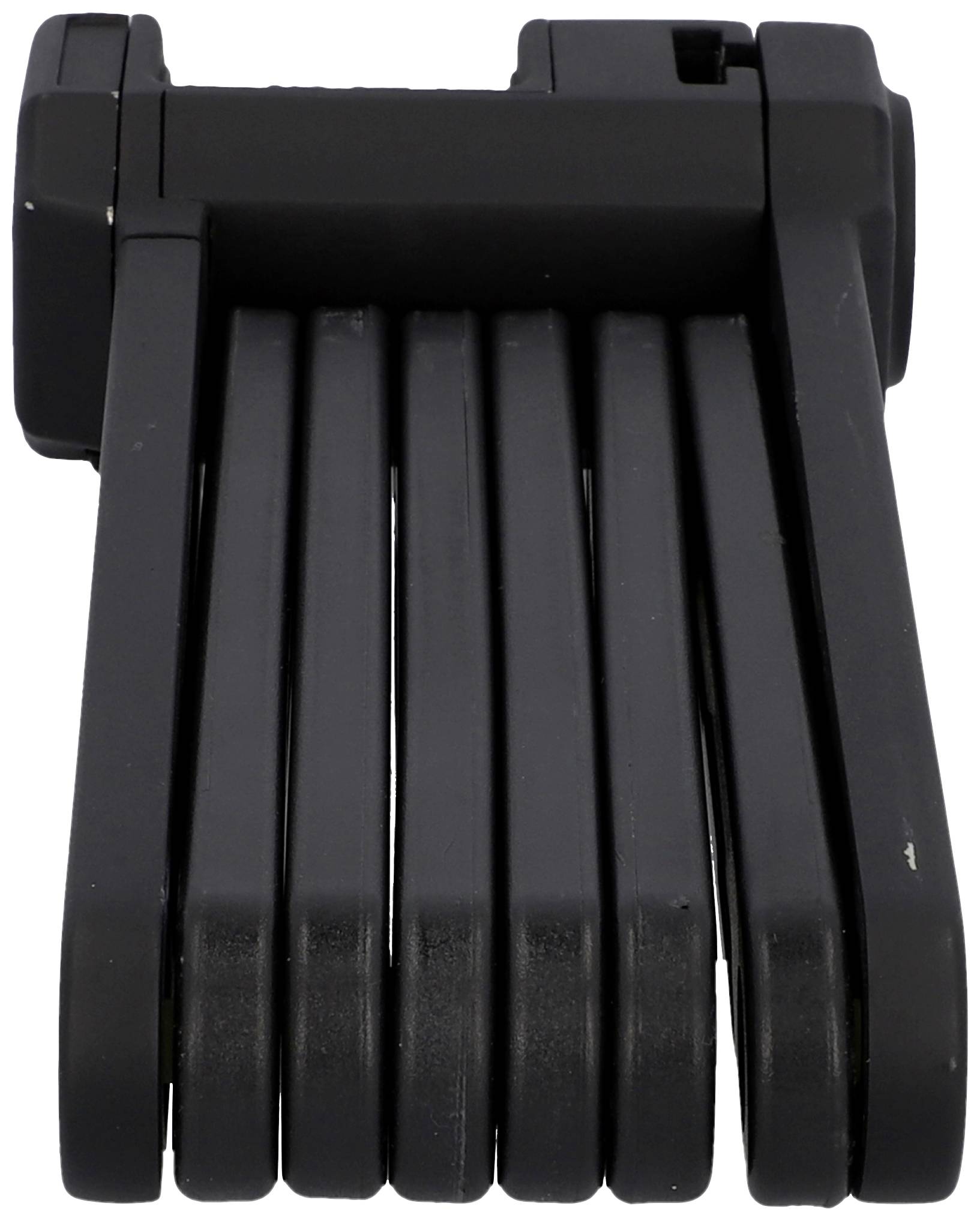 Un cadenas compact, noir et pliable, composé de plusieurs maillons robustes, conçu pour sécuriser les vélos ou des objets similaires.