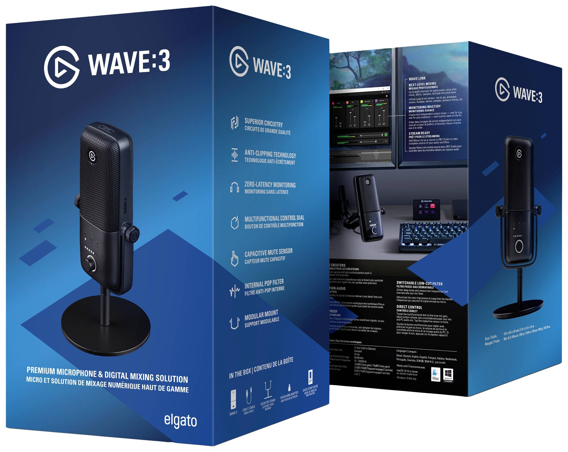 Emballage du microphone 'Wave:3' d'Elgato. Les impressions présentent des détails du produit tels que le microphone, la compatibilité logicielle et les fonctionnalités.