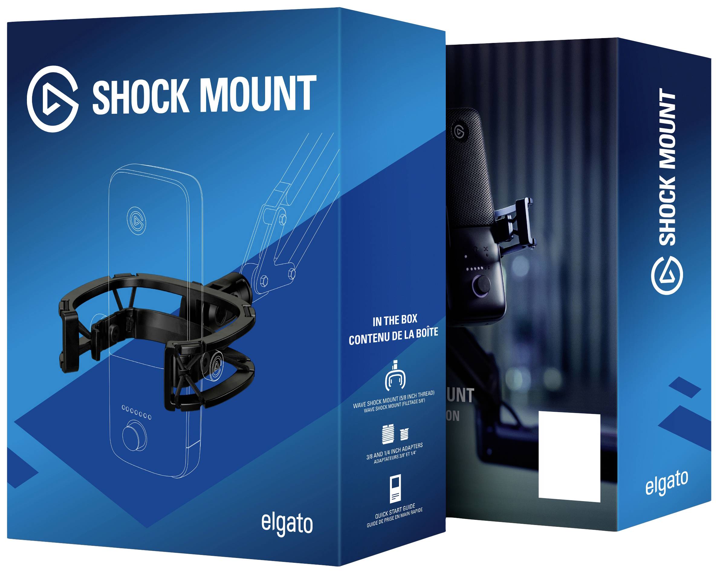 Emballage d'un support anti-vibrations Elgato avec une illustration du support et du microphone sur un fond bleu. Comprend les détails du produit.