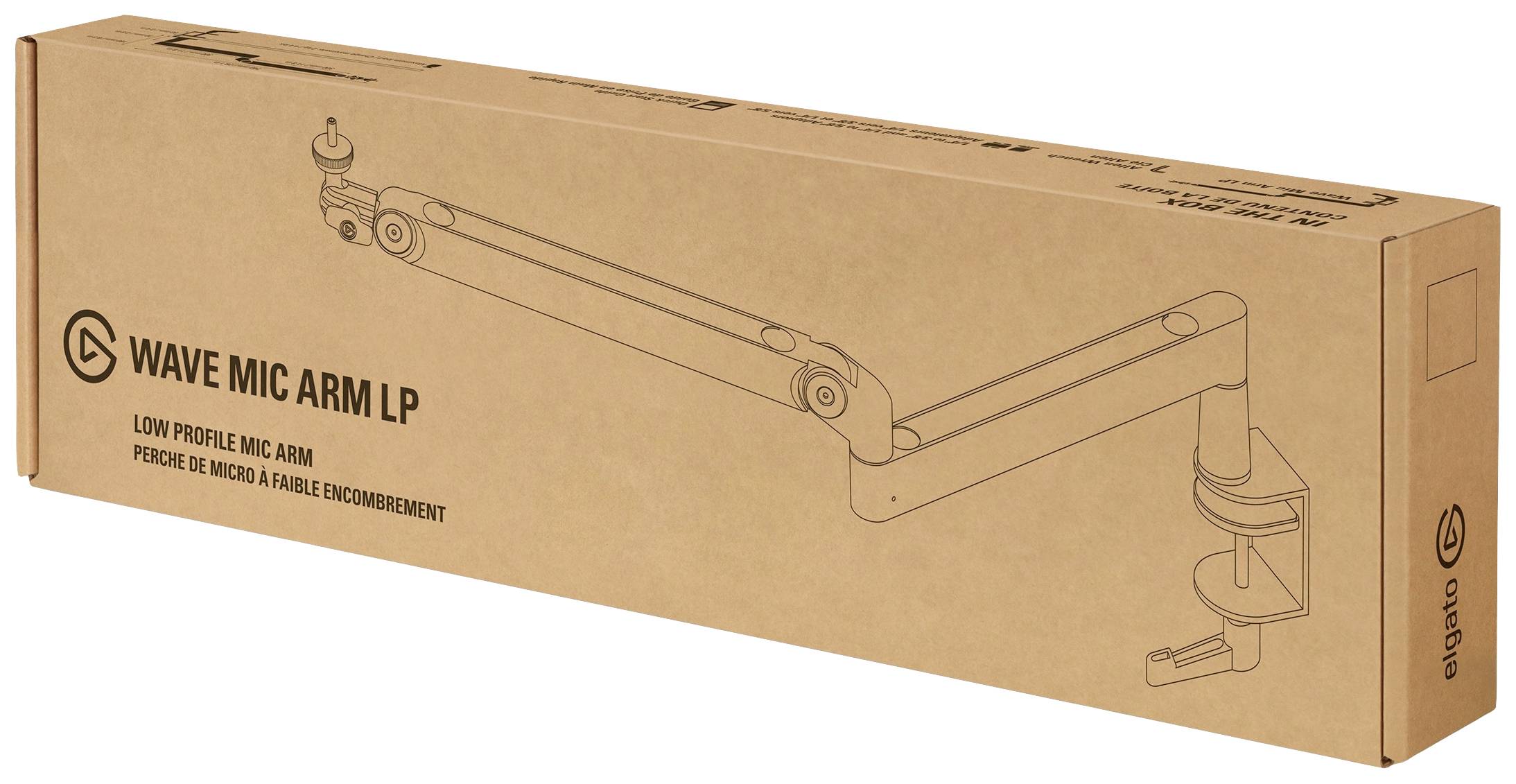 Boîte en carton portant l'impression d'un bras de microphone et le texte « Wave Mic Arm LP » ainsi que « Low Profile Mic Arm ».