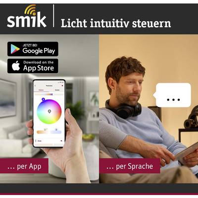 'Smik : Contrôler la lumière de manière intuitive'. Deux images : À gauche, une application sur smartphone avec une palette de couleurs. À droite, une personne avec une tablette parlant de la commande d'éclairage.