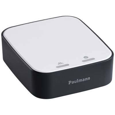 Un appareil domotique rectangulaire de Paulmann avec deux symboles sur le dessus, adapté pour contrôler l'éclairage ou d'autres appareils.