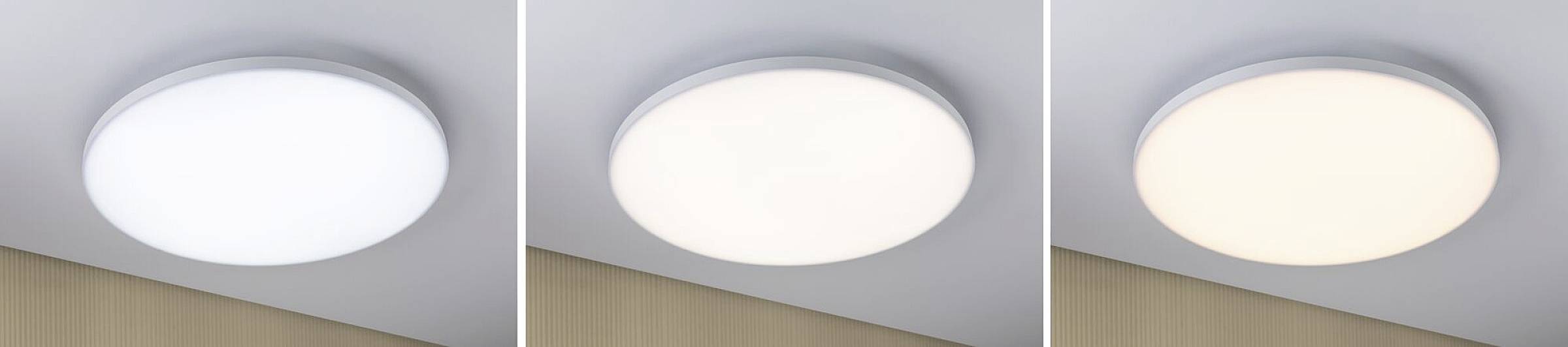 Trois luminaires de plafond circulaires dans différentes nuances de blanc : à gauche blanc froid, au centre blanc neutre, à droite blanc chaud.