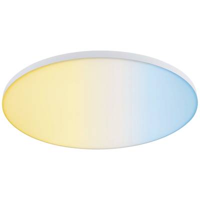 Une lampe de plafond ovale avec une transition douce allant du jaune chaleureux au bleu froid.