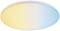 Une lampe de plafond ovale avec une transition douce allant du jaune chaleureux au bleu froid.