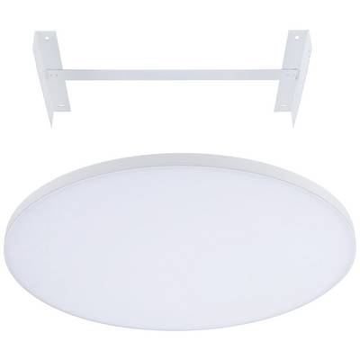Plafonnier LED rond blanc avec support en métal.